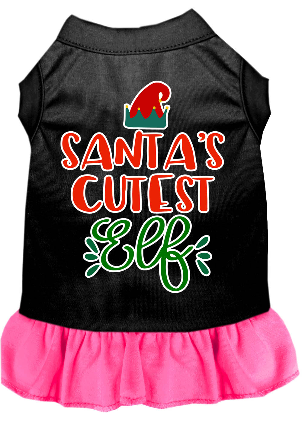 Santa's Cutest Elf Screen Print Dog Dress Black with Bright Pink Lg
